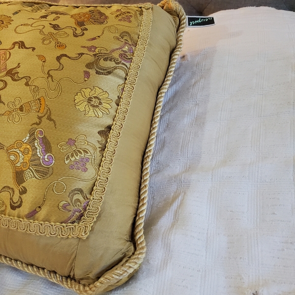 Embroidered silk accent pillow in tan, gold, light blue, pink, 15" square - Picture 6 of 12